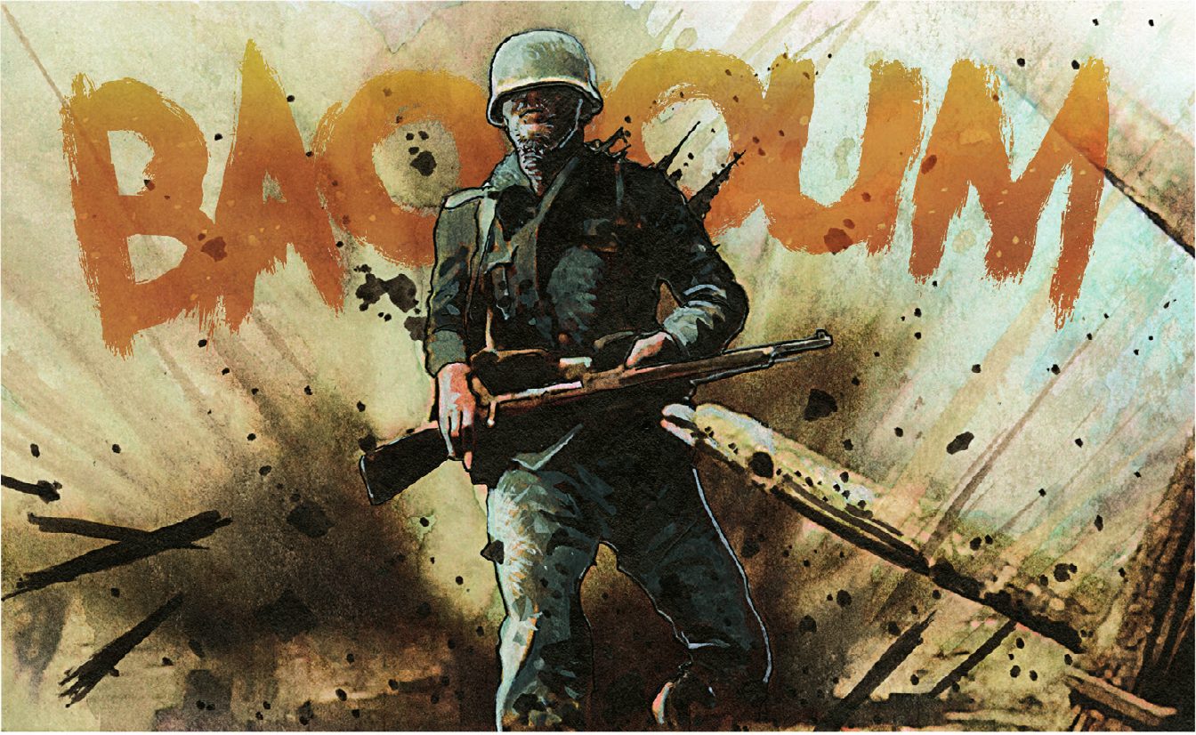 La même illustration avec l’onomatopée « BAROUM » orange dessinée derrière le soldat