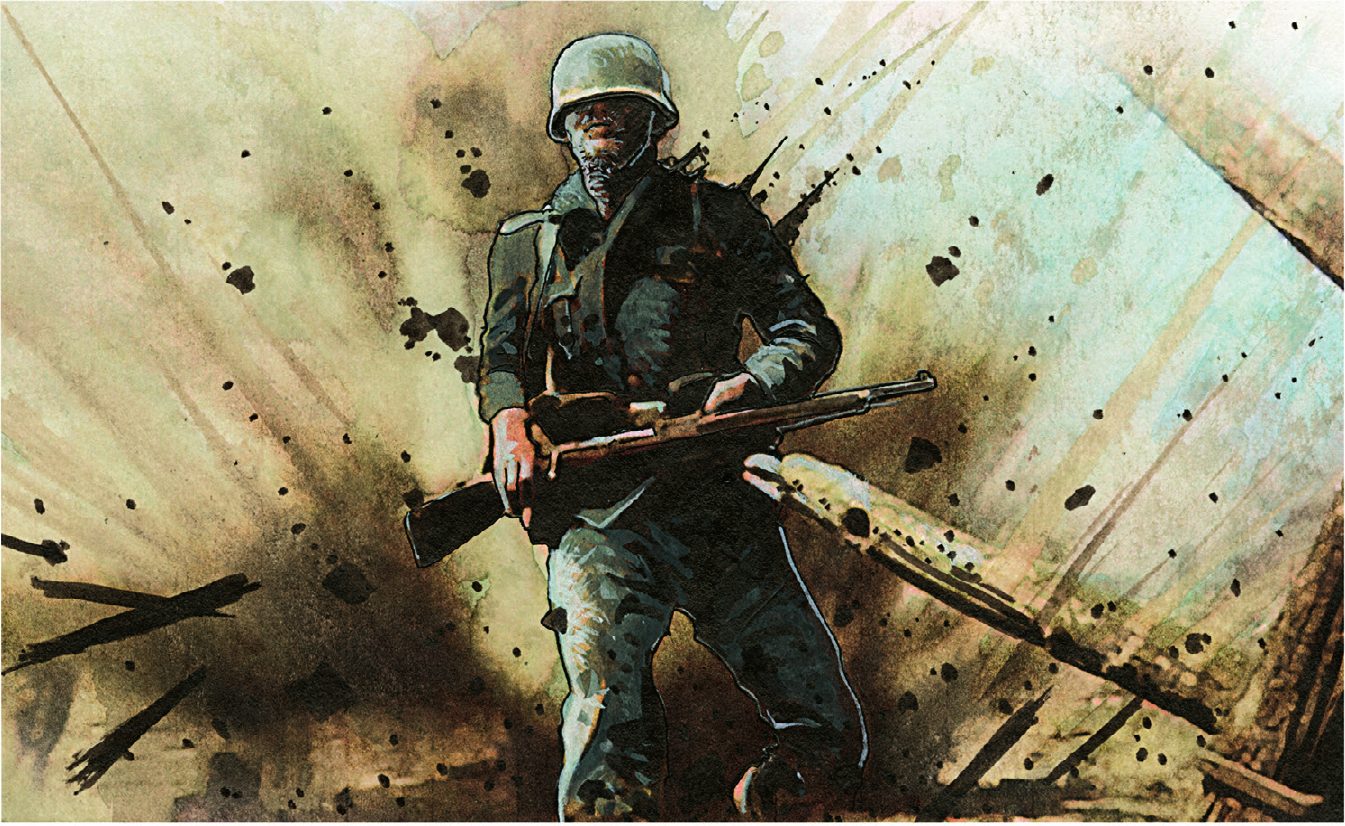 Illustration d’un soldat courant au milieu d’une explosion, sans texte