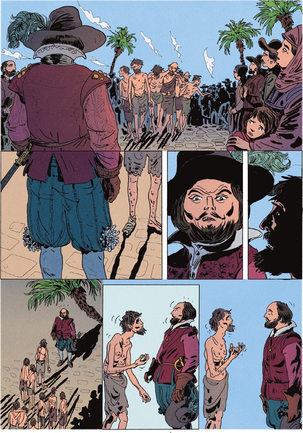 Double page de bande dessinée historique sans texte : un homme de dos accueille des rescapés amaigris sur une place