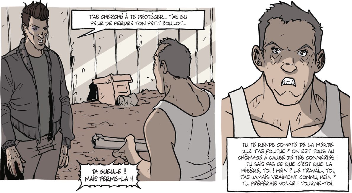 Deux cases de bande dessinée : une confrontation armée et un gros plan sur un homme en colère, textes lettrés avec la police de l’auteur