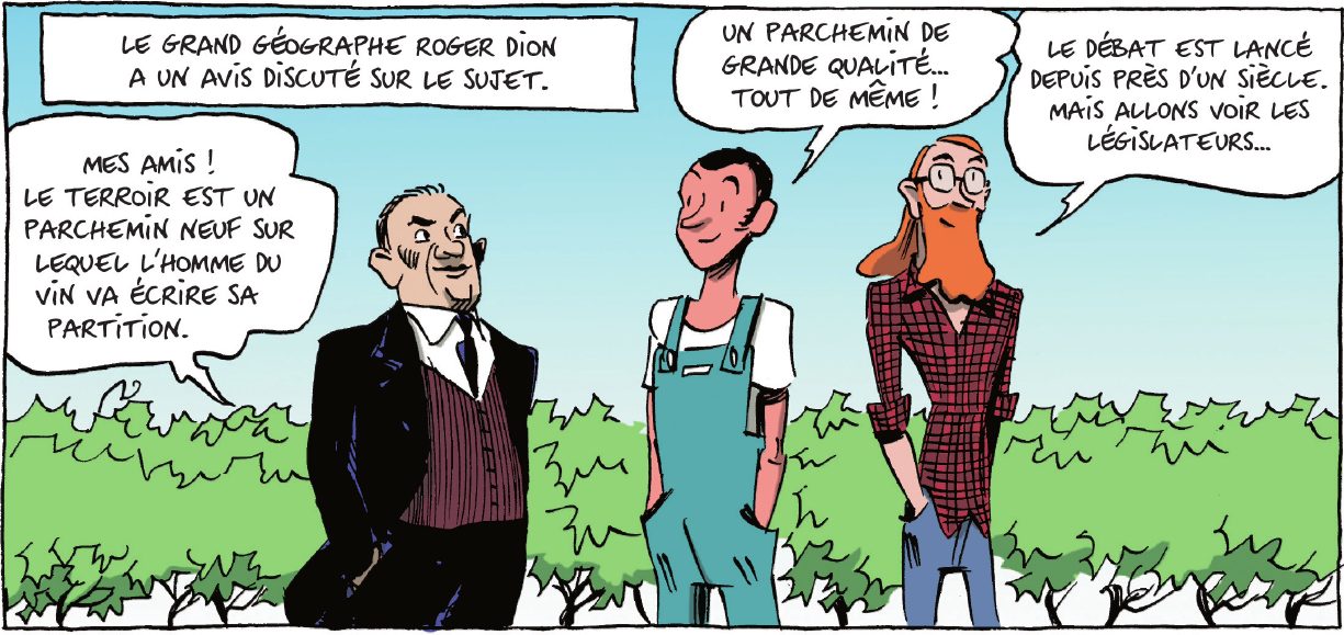 Trois personnages dans un vignoble, dialogues lettrés avec la police de l’auteur
