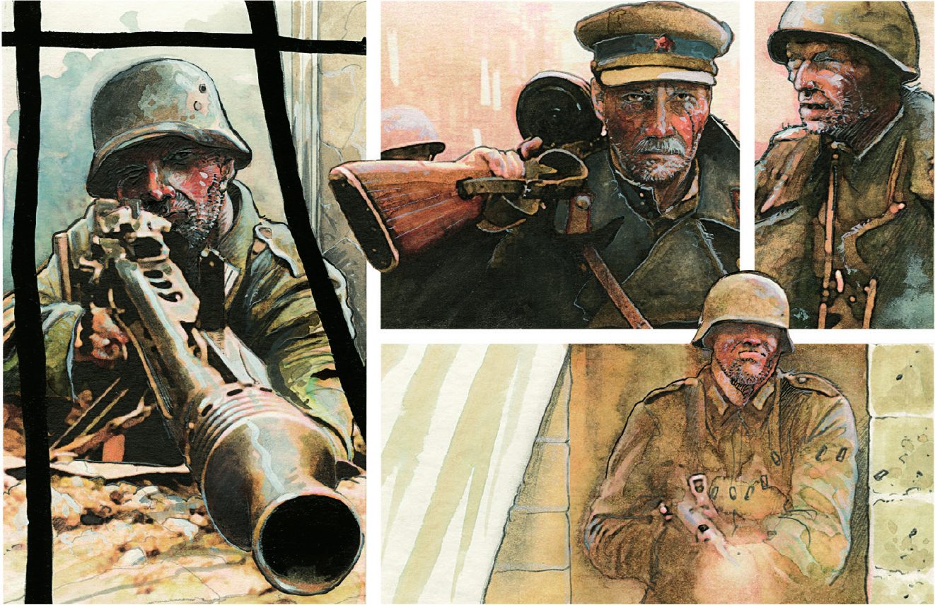 Planche de bande dessinée de guerre sans bulles ni texte : soldats casqués, fusil-mitrailleur au premier plan