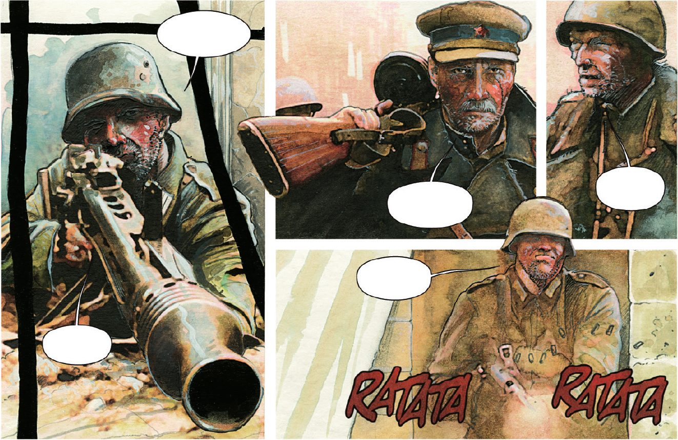 La même planche avec des bulles vides et les onomatopées « RATATA » en rouge