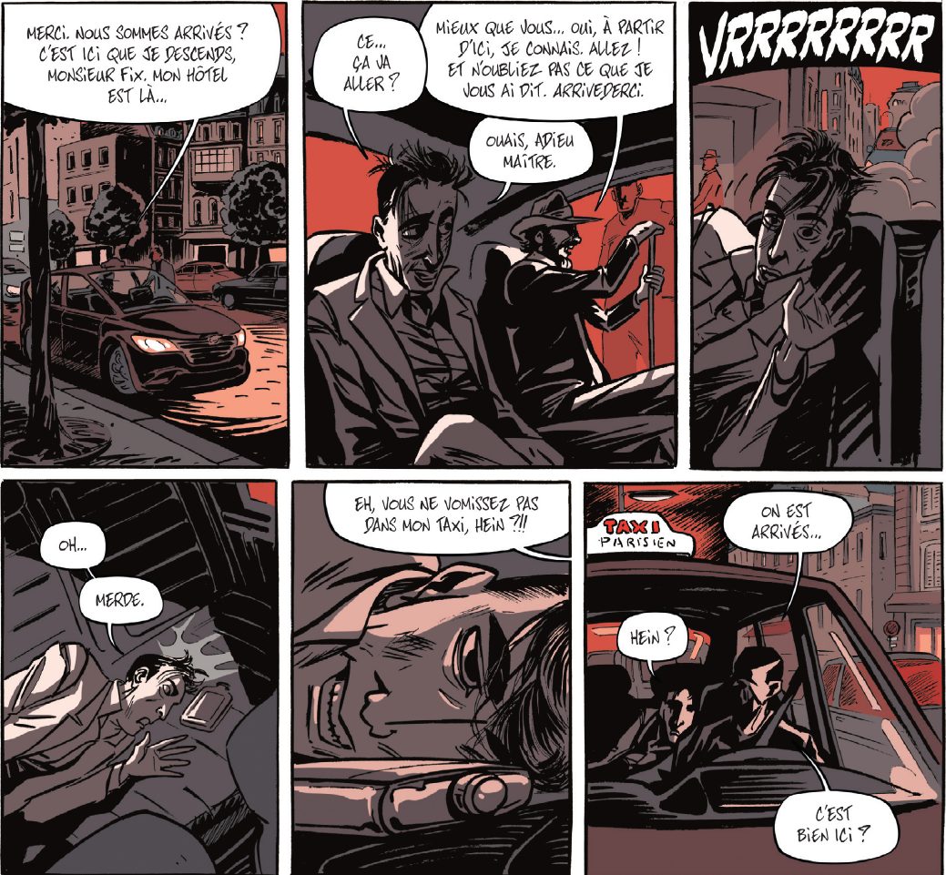 Planche de bande dessinée noir et rouge : une scène de taxi de nuit lettrée avec la police de l’auteur